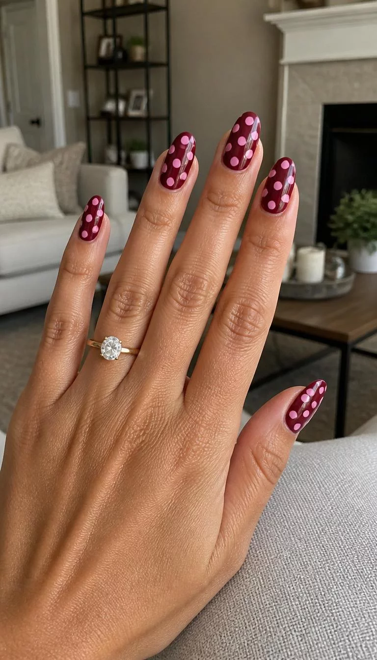 A photorealistic close-up shot of a woman's tan skin tone hand with five fingers, showcasing almond-shaped medium-length nails featuring a dark red and light pink polka dot pattern, living room background