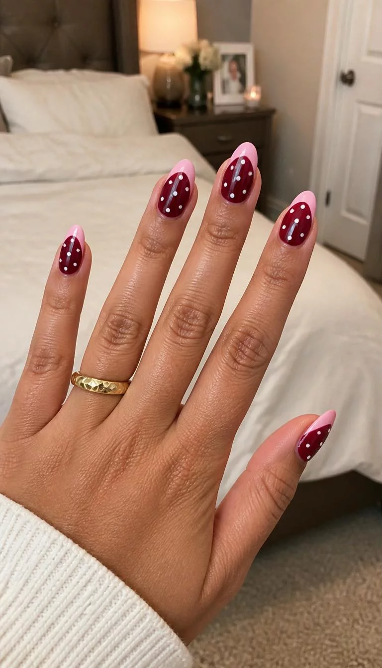 A photorealistic close-up shot of a woman's medium skin tone hand with five fingers, showcasing almond-shaped medium-length nails featuring a dark red and polka dot design, with a light pink French tip, bedroom background