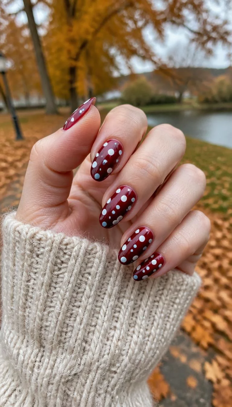 A photorealistic close-up shot of a woman's light skin tone hand with five fingers, showcasing almond-shaped medium-length nails featuring a dark red polka dot pattern and light blue polka dot accents, outdoor fall background