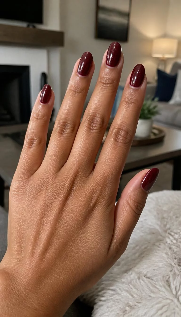 A photorealistic close-up shot of a woman's medium skin tone hand with five fingers, showcasing oval-shaped medium-length nails featuring a glossy dark red polish and subtle glitter flecks, living room background
