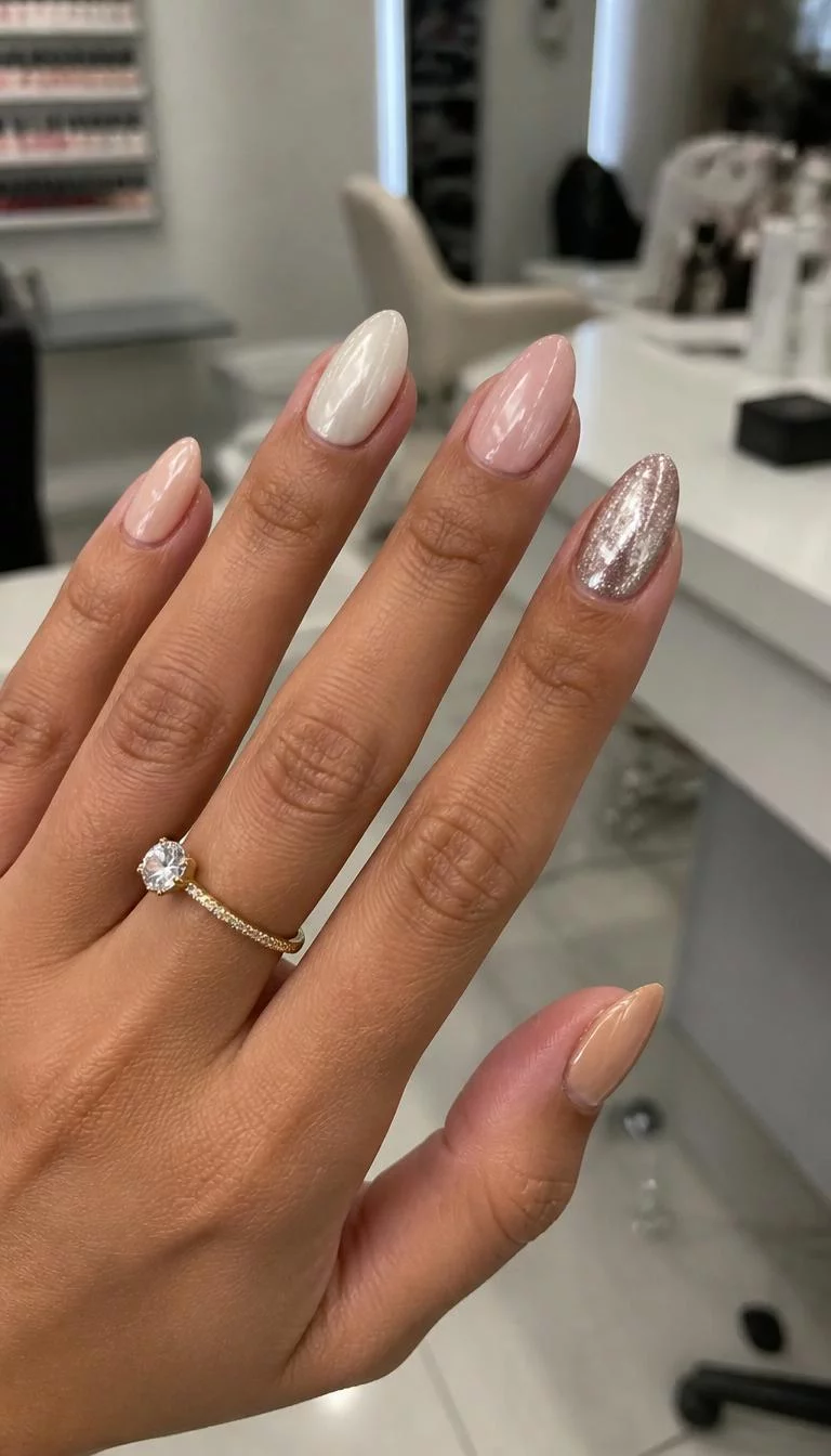 A photorealistic close-up shot of a woman's tan skin tone hand with five fingers, showcasing oval-shaped medium length nails featuring a pearlescent finish with creamy beige, peachy-pink, and a metallic silver accent nail, nail salon background