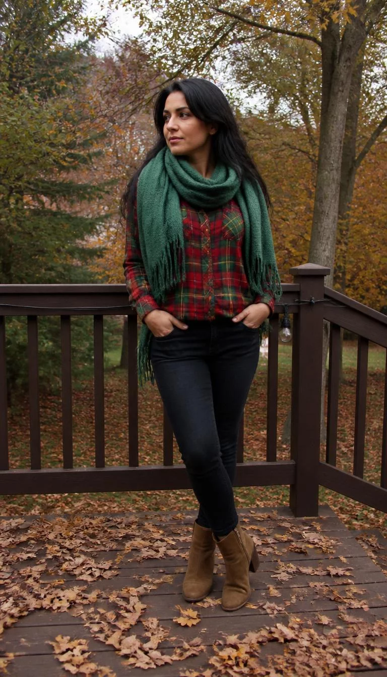 A photorealistic full body shot of a 35-year-old Middle Eastern woman with a oval face, light, rounded nose, thick natural eyebrows, and wide lips. Her face features dimples, subtle acne marks, and subtle natural facial asymmetry. She has hooded gray eyes, pronounced cheekbones, neutral expression, thoughtful. She is athletic build with dark hair and is wearing a red and green plaid shirt, a large green blanket scarf, dark jeans, and tan ankle boots, everyday social media post aesthetic, high-quality mobile photography, shot on an iPhone 14.