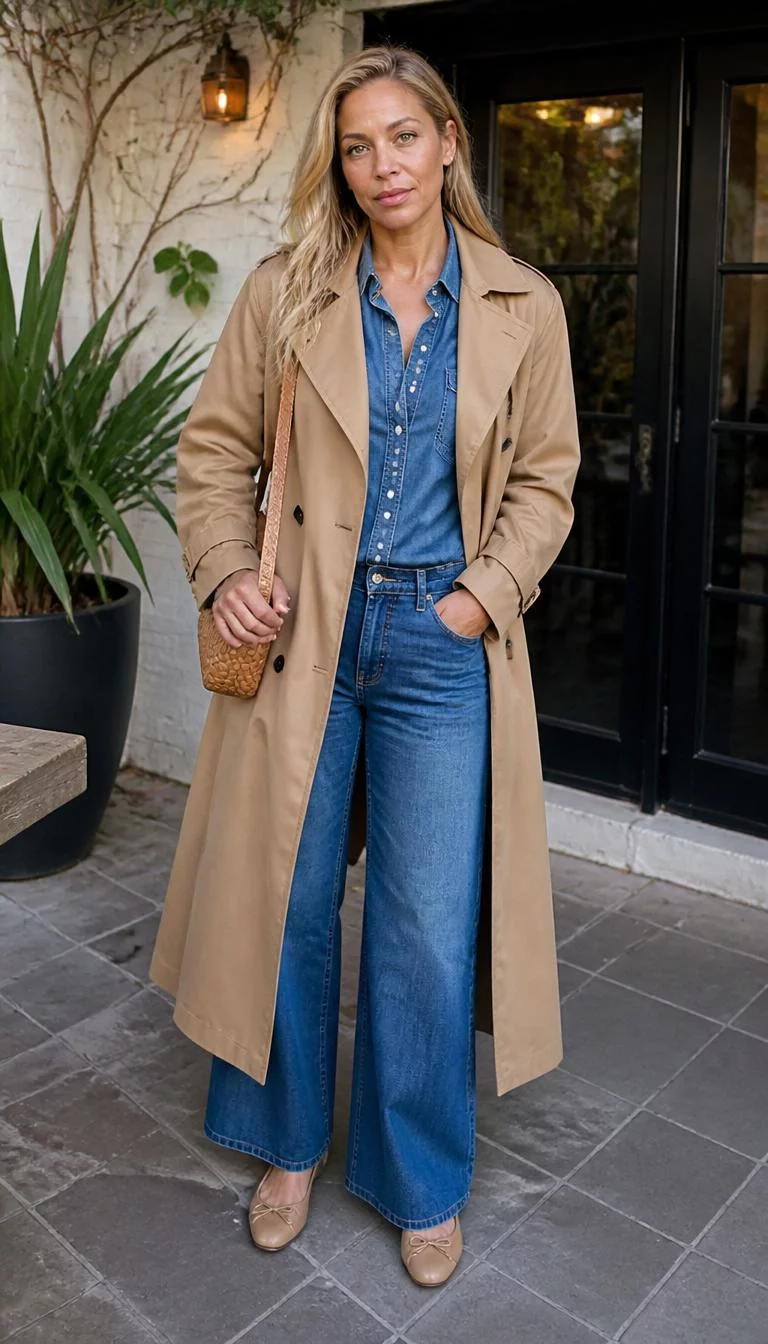 Tan Trench Coat and Denim on Denim A photorealistic full body shot of a 47-year-old Mixed-race woman with a oblong face, dark brown, narrow nose, feathered eyebrows, and wide lips. Her face features uneven eyebrows, a few laugh lines, and subtle natural facial asymmetry. She has deep-set green eyes, soft cheekbones, neutral expression, relaxed. She is average build with blonde hair and is wearing a tan trench coat over a denim shirt, blue wide-leg jeans, and tan flats, standing on a patio, everyday social media post aesthetic, high-quality mobile photography, shot on an iPhone 14.