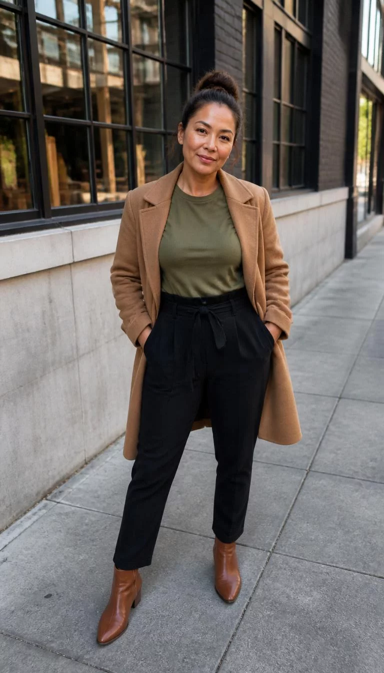 Camel Coat and Black Paperbag Pants A photorealistic full body shot of a 46-year-old Southeast Asian woman with a oblong face, dark brown, upturned nose, thick natural eyebrows, and wide lips. Her face features faint freckles across the nose, slightly flushed cheeks, and subtle natural facial asymmetry. She has monolid green eyes, pronounced cheekbones, closed-mouth smile, relaxed. She is athletic build with brown hair in a bun and is wearing a camel coat, olive green t-shirt, black paperbag pants, and brown ankle boots, everyday social media post aesthetic, high-quality mobile photography, shot on an iPhone 14.