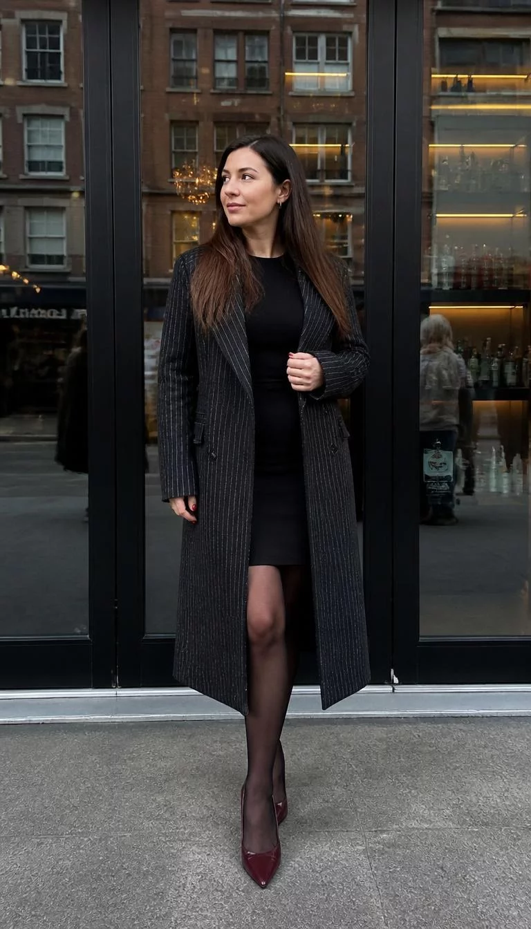 Pinstripe Long Coat and Black Skirt with Sheer Tights A photorealistic full body shot of a 38-year-old Eastern European woman with a oblong face, dark brown, upturned nose, feathered eyebrows, and thin lips. Her face features uneven eyebrows, subtle acne marks, and subtle natural facial asymmetry. She has round hazel eyes, high cheekbones, neutral expression, thoughtful. She is petite with brown long hair and is wearing a pinstripe long coat, a black top, a black skirt, sheer black tights, and burgundy heels, everyday social media post aesthetic, high-quality mobile photography, shot on an iPhone 14.