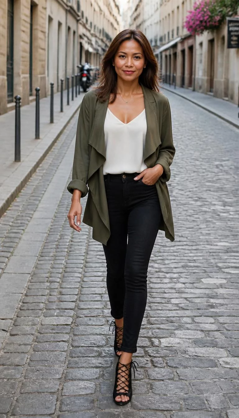 Green Draped Jacket and Black Jeans with Lace Up Heels A photorealistic full body shot of a 41-year-old Southeast Asian woman with a heart-shaped face, olive, aquiline nose, thin arched eyebrows, and heart-shaped lips. Her face features small scar on the eyebrow, a few laugh lines, and subtle natural facial asymmetry. She has hooded amber eyes, pronounced cheekbones, closed-mouth smile, confident. She is petite with brown shoulder-length hair and is wearing a green draped jacket over a white top, black jeans, and lace-up heels, walking on a cobblestone street, everyday social media post aesthetic, high-quality mobile photography, shot on an iPhone 14.
