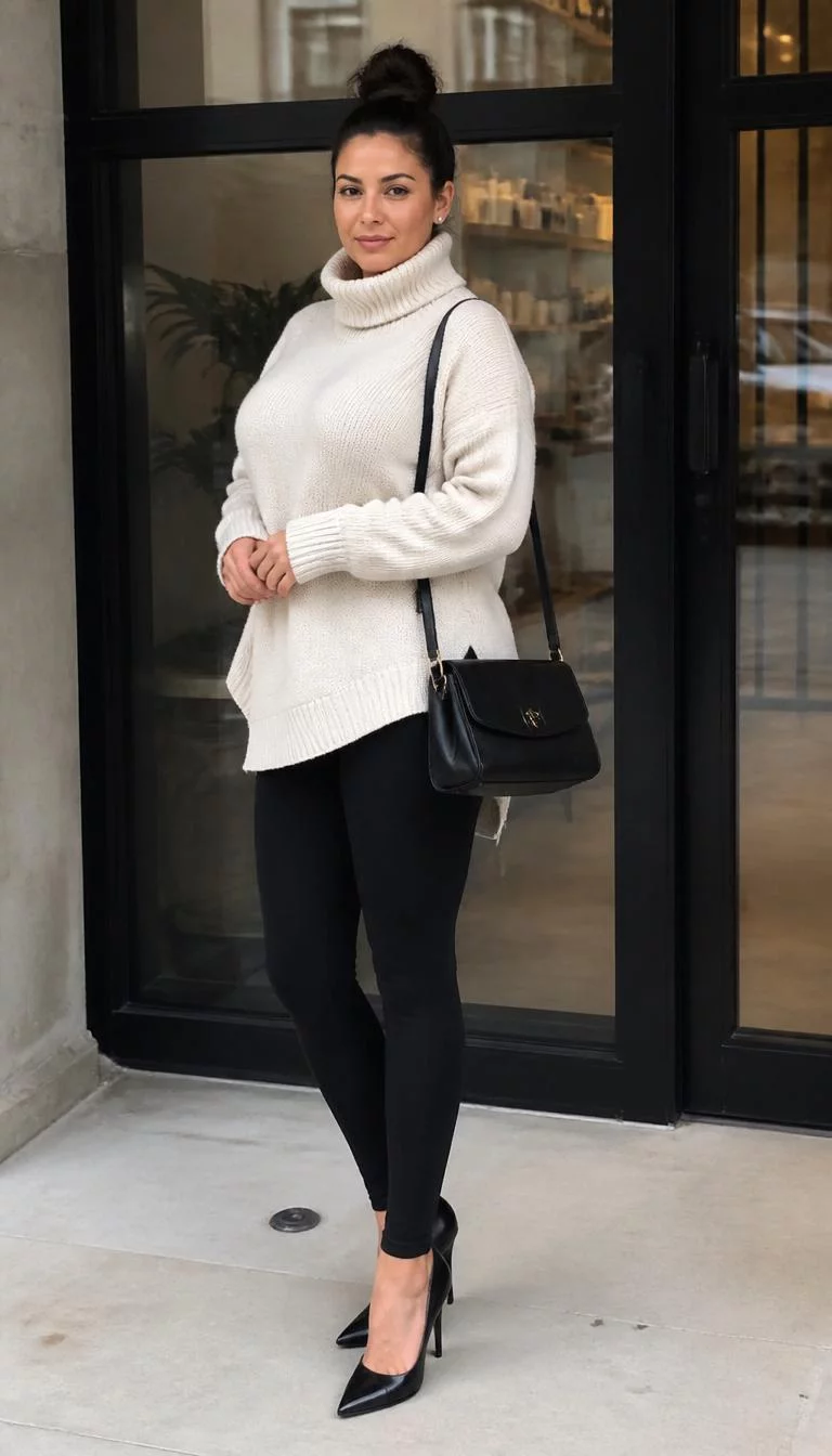 Oversized Cream Turtleneck and Black Leggings A photorealistic full body shot of a 36-year-old Mediterranean woman with a square face, olive, button nose, thick natural eyebrows, and full lips. Her face features faint freckles across the nose, faint under-eye shadows, and subtle natural facial asymmetry. She has monolid brown eyes, pronounced cheekbones, subtle smile, relaxed. She is curvy build with dark hair in a top knot and is wearing a cream oversized turtleneck sweater, black leggings, high heels, and a black handbag, everyday social media post aesthetic, high-quality mobile photography, shot on an iPhone 14.