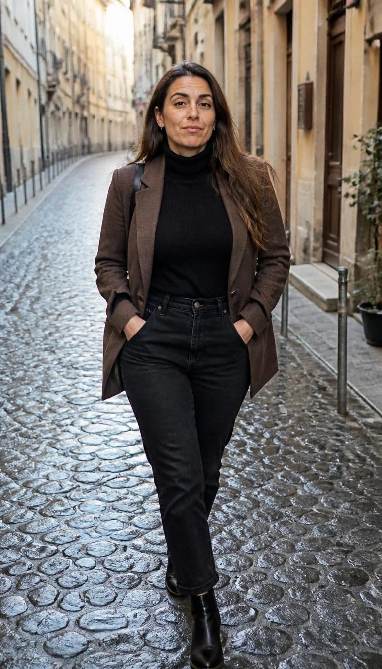 Brown Blazer and Black Turtleneck with Denim A photorealistic full body shot of a 38-year-old Southern European woman with a pear-shaped face, deep brown, aquiline nose, thick natural eyebrows, and wide lips. Her face features uneven eyebrows, visible pores, and subtle natural facial asymmetry. She has monolid gray eyes, pronounced cheekbones, neutral expression, playful. She is slim with brown long hair and is wearing a brown blazer, black turtleneck, black denim jeans, and black boots, walking on a cobblestone street, everyday social media post aesthetic, high-quality mobile photography, shot on an iPhone 14.