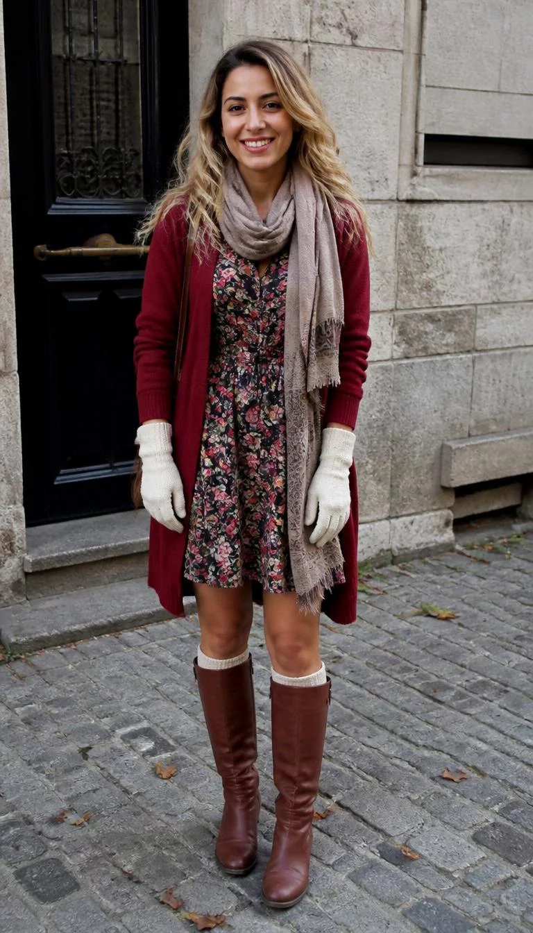 Floral Dress with Maroon Cardigan and Scarf A photorealistic full body shot of a 29-year-old Middle Eastern woman with a pear-shaped face, deep brown, aquiline nose, feathered eyebrows, and heart-shaped lips. Her face features small scar on the eyebrow, subtle acne marks, and subtle natural facial asymmetry. She has hooded amber eyes, high cheekbones, broad smile, cheerful. She is athletic build with blonde wavy hair and is wearing a floral dress, a maroon cardigan, a scarf, white gloves, and brown boots, everyday social media post aesthetic, high-quality mobile photography, shot on an iPhone 14.