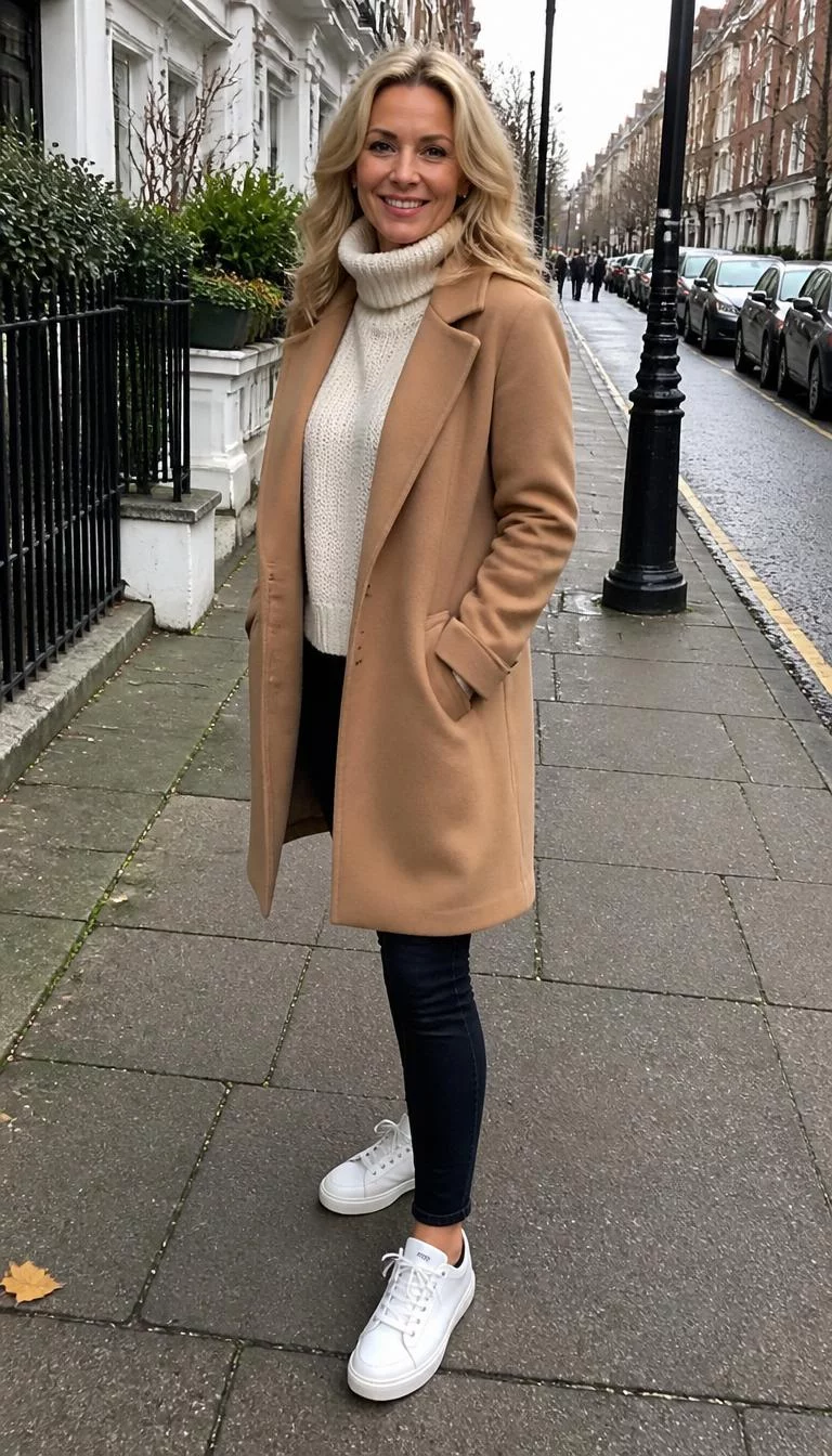 Tan Coat Over Cream Turtleneck and Black Skinny Jeans A photorealistic full body shot of a 48-year-old Northern European woman with a pear-shaped face, light, straight nose, thin arched eyebrows, and wide lips. Her face features beauty mark near the lip, subtle acne marks, and subtle natural facial asymmetry. She has downturned blue eyes, high cheekbones, broad smile, cheerful. She is petite with blonde wavy hair and is wearing a tan coat, cream turtleneck, black skinny jeans, and white sneakers, standing on a city street, everyday social media post aesthetic, high-quality mobile photography, shot on an iPhone 14.