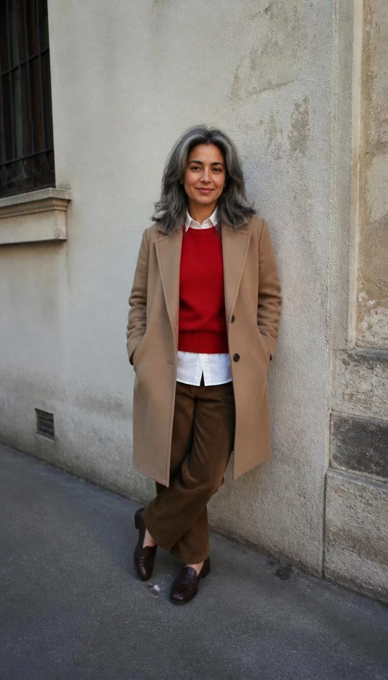 Red Sweater and Brown Corduroy Pants A photorealistic full body shot of a 41-year-old Middle Eastern woman with a diamond face, tan, rounded nose, thick natural eyebrows, and heart-shaped lips. Her face features dimples, subtle acne marks, and subtle natural facial asymmetry. She has monolid amber eyes, soft cheekbones, subtle smile, relaxed. She is petite with gray hair and is wearing a tan coat over a red sweater, white shirt, brown corduroy pants, and loafers, standing by a wall, everyday social media post aesthetic, high-quality mobile photography, shot on an iPhone 14.