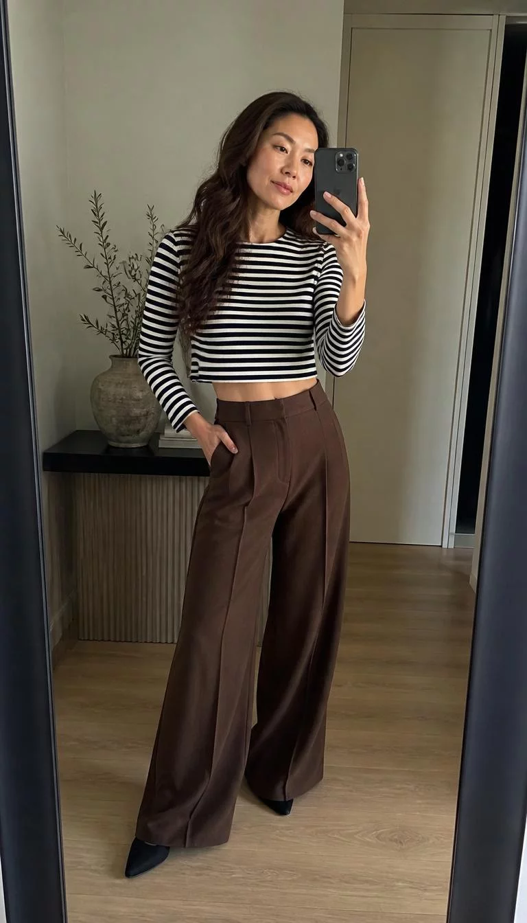 Striped Crop Top and Brown Wide Leg Pants A photorealistic full body shot of a 44-year-old East Asian woman with a square face, tan, narrow nose, thick natural eyebrows, and wide lips. Her face features widow's peak hairline, subtle acne marks, and subtle natural facial asymmetry. She has almond-shaped blue eyes, pronounced cheekbones, subtle smile, thoughtful. She is slim with brown long wavy hair and is wearing a striped long-sleeve crop top, brown wide-leg pants, and black pointed flats, posing indoors, everyday social media post aesthetic, high-quality mobile photography, shot on an iPhone 14.
