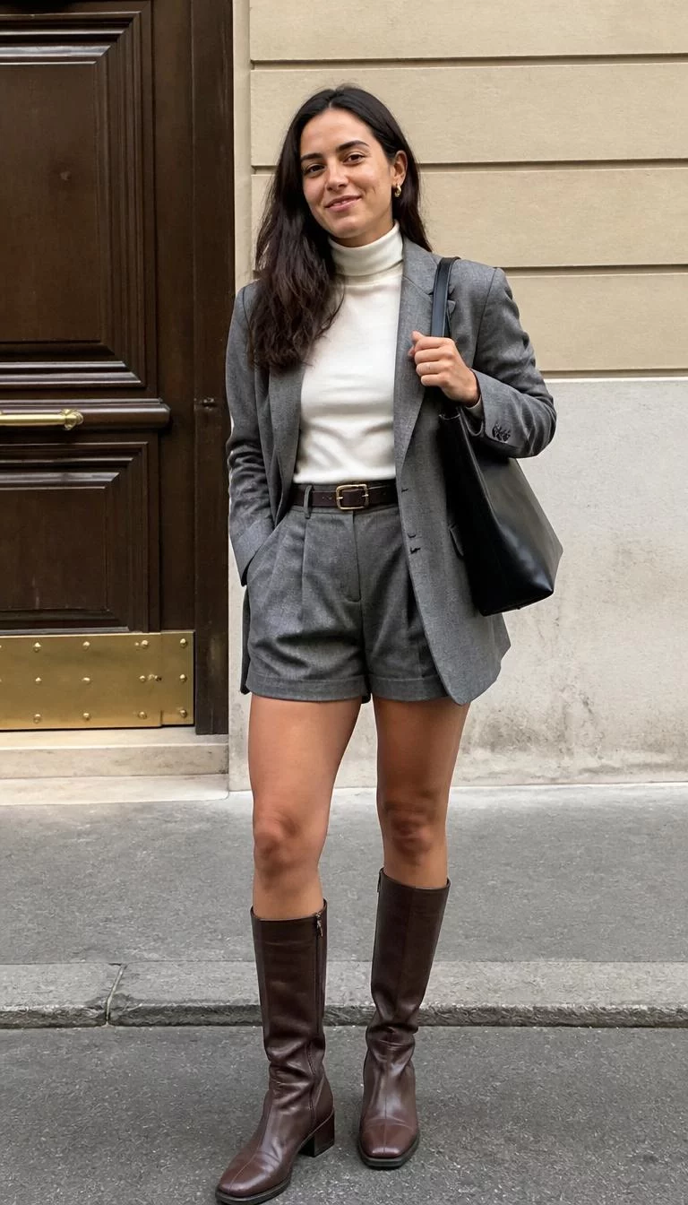 Gray Blazer and Shorts Set with Brown Boots A photorealistic full body shot of a 33-year-old Southern European woman with a oblong face, fair, broad nose, straight eyebrows, and heart-shaped lips. Her face features faint freckles across the nose, a few laugh lines, and subtle natural facial asymmetry. She has almond-shaped dark brown eyes, pronounced cheekbones, subtle smile, playful. She is athletic build with dark hair and is wearing a gray blazer, gray shorts, a white turtleneck, brown boots, and a black tote bag, everyday social media post aesthetic, high-quality mobile photography, shot on an iPhone 14.