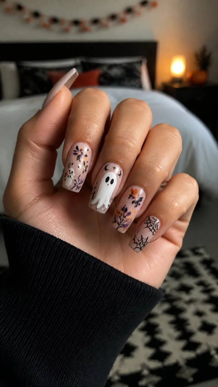 A photorealistic close-up shot of a woman's olive skin tone hand with five fingers, showcasing coffin nails medium-length nails featuring playful ghost and floral Halloween-themed artwork, bedroom background
