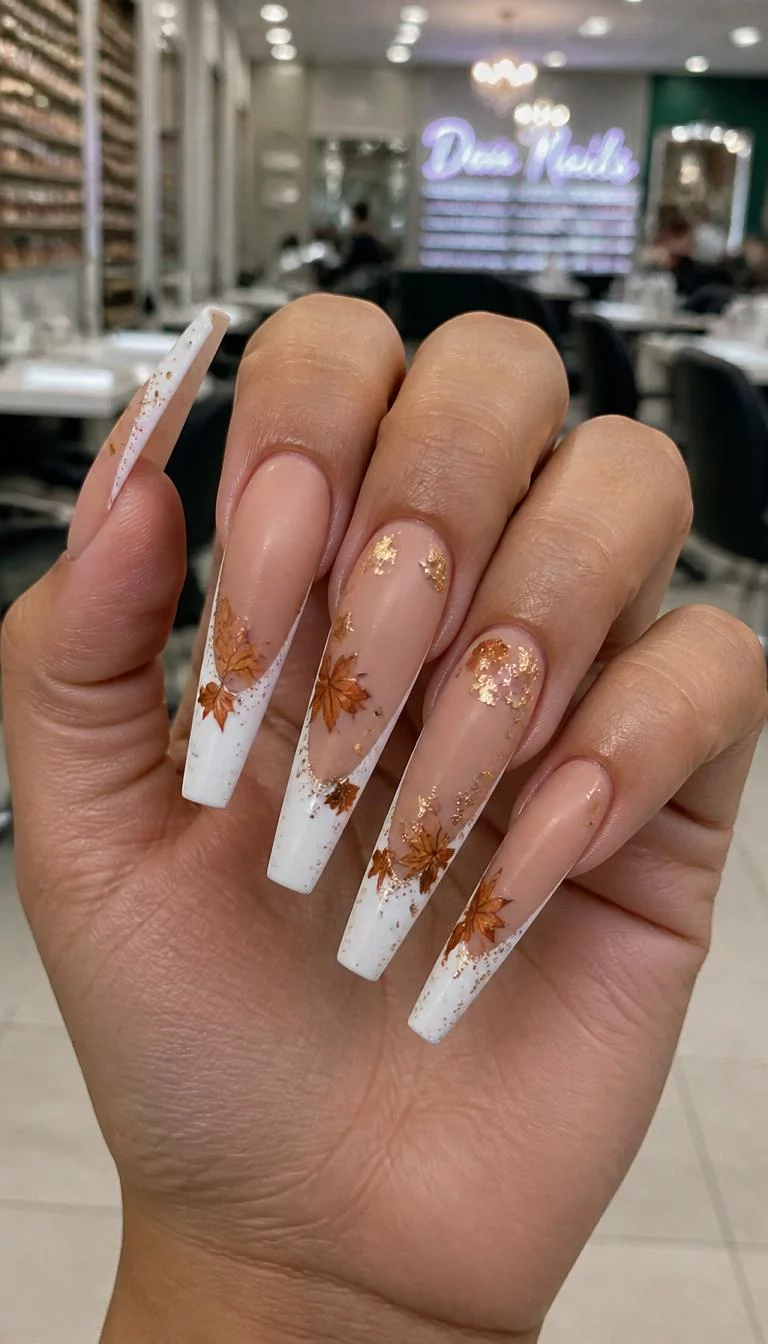 A photorealistic close-up shot of a woman's tan skin tone hand with five fingers, showcasing coffin nails very long nails featuring matte tan base with white French tips, falling leaves, and glitter accents, nail salon background