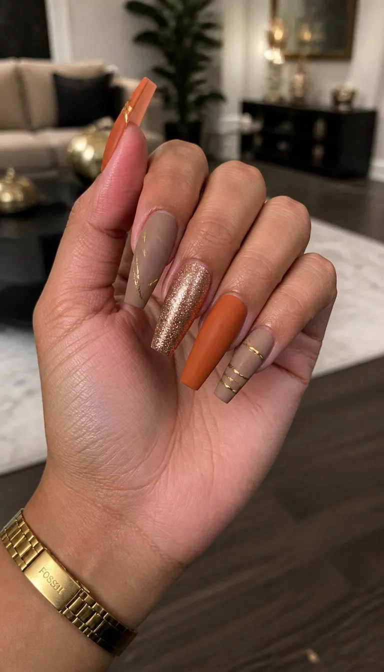 A photorealistic close-up shot of a woman's tan skin tone hand with five fingers, showcasing coffin nails long nails featuring matte orange and light brown with a glitter accent nail and gold line details, living room background