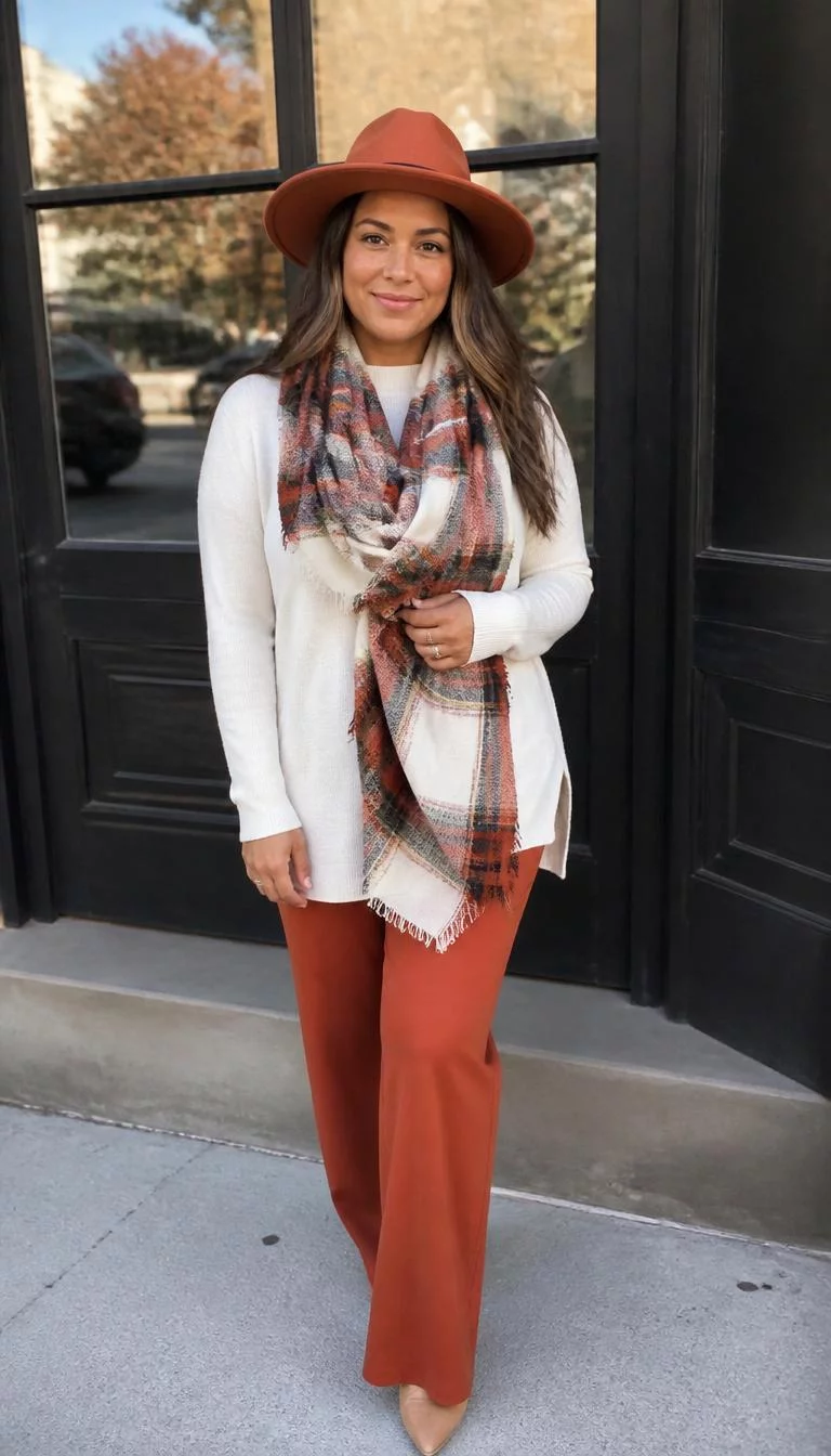 Cream Tunic Sweater And Rust Pants With A Large Plaid Scarf A photorealistic full body shot of a 37-year-old Latina woman with a heart-shaped face, golden brown, straight nose, feathered eyebrows, and heart-shaped lips. Her face features dimples, light freckles, and subtle natural facial asymmetry. She has downturned hazel eyes, soft cheekbones, subtle smile, confident. She is curvy build with long brown hair and a rust-colored hat and is wearing a cream tunic sweater, rust pants, and a large plaid scarf, everyday social media post aesthetic, high-quality mobile photography, shot on an iPhone 14.