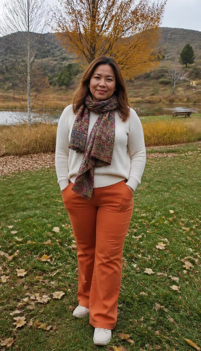 A photorealistic full body shot of a 40-year-old Southeast Asian woman with a pear-shaped face, tan, broad nose, thick natural eyebrows, and wide lips. Her face features slightly crooked smile, faint under-eye shadows, and subtle natural facial asymmetry. She has monolid green eyes, rounded cheeks, closed-mouth smile, thoughtful. She is curvy build with brown hair in loose waves and is wearing a cream sweater, orange pants, and a patterned scarf, standing in a grassy, autumnal landscape, everyday social media post aesthetic, high-quality mobile photography, shot on an iPhone 14.