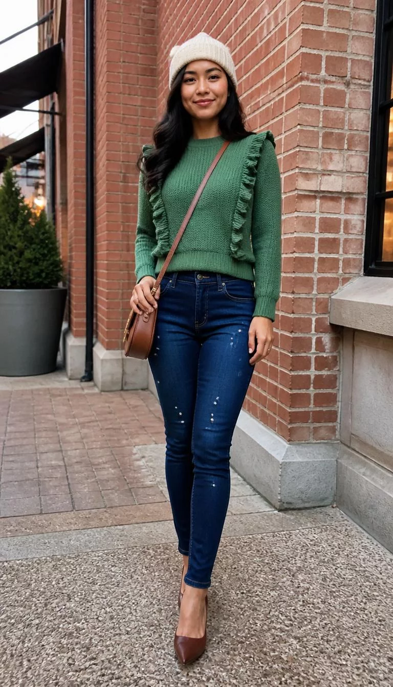 A photorealistic full body shot of a 29-year-old Southeast Asian woman with a pear-shaped face, deep brown, aquiline nose, straight eyebrows, and full lips. Her face features dimples, subtle acne marks, and subtle natural facial asymmetry. She has upturned blue eyes, high cheekbones, neutral expression, cheerful. She is curvy build with dark wavy hair and is wearing a green ruffled sweater, a white beanie, dark blue pearl-embellished skinny jeans, brown heels, and a crossbody bag, standing outside by a brick building, everyday social media post aesthetic, high-quality mobile photography, shot on an iPhone 14.