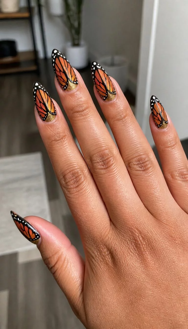Artistic Butterfly Wings A photorealistic close-up shot of a woman's medium skin tone hand with five fingers, showcasing almond-shaped long nails featuring an intricate butterfly wing design in orange, black, and brown with gold accents, indoor background