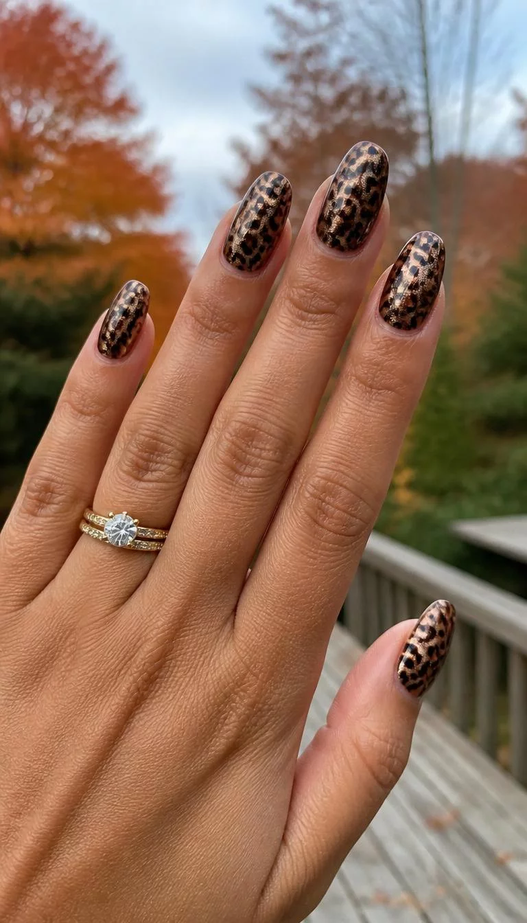 Metallic Bronze Leopard Print A photorealistic close-up shot of a woman's tan skin tone hand with five fingers, showcasing almond-shaped medium-length nails featuring a sophisticated leopard print design in metallic bronze and brown, outdoor fall background