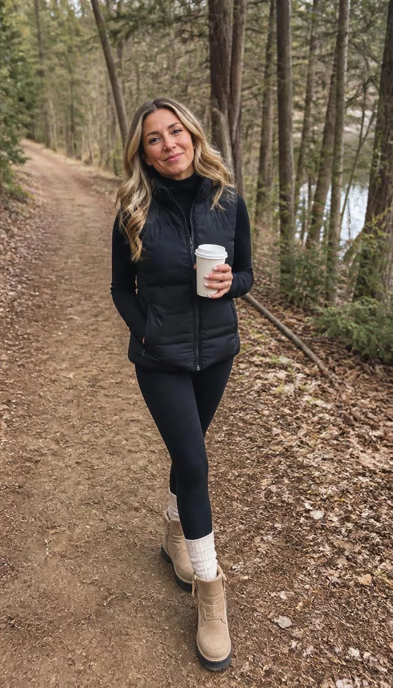 A photorealistic full body shot of a 40-year-old Southern European woman with a oblong face, light, rounded nose, softly curved eyebrows, and thin lips. Her face features dimples, a few laugh lines, and subtle natural facial asymmetry. She has upturned hazel eyes, pronounced cheekbones, broad smile, confident. She is petite with blonde wavy hair and is wearing a black puffer vest, black turtleneck, black leggings, warm socks, and tan snow boots, she holds a coffee cup, in an outdoor, wooded setting, everyday social media post aesthetic, high-quality mobile photography, shot on an iPhone 14.