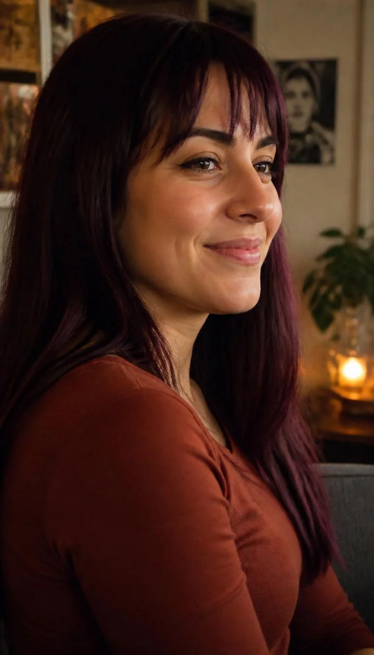 A side shot photo of a 26-year-old Mediterranean woman with a pear-shaped face, deep brown, button nose, thin arched eyebrows, and thin lips. Her face features small scar on the eyebrow, visible pores, and subtle natural facial asymmetry. She has upturned green eyes, rounded cheeks, broad smile, playful. She is petite and is wearing a Rust Long Sleeve Tee with mulled wine burgundy long straight hair with fringe, warm indoor lighting, indoor