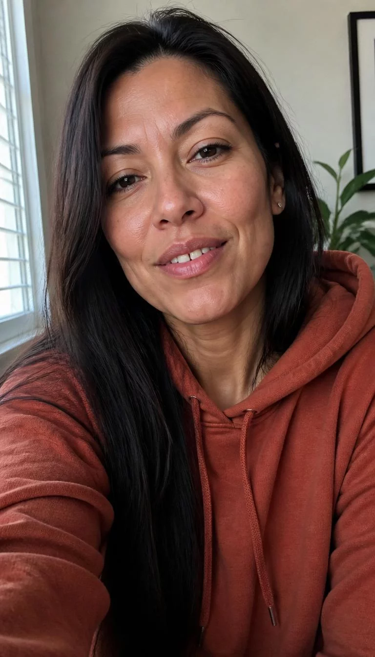 selfie of a 45-year-old Latina woman with a pear-shaped face, olive, narrow nose, thin arched eyebrows, and full lips. Her face features gap between front teeth, subtle acne marks, and subtle natural facial asymmetry. She has monolid dark brown eyes, high cheekbones, subtle smile, relaxed. She is athletic and is wearing a Rust Hoodie with deep espresso sleek straight hair, soft window light, indoor