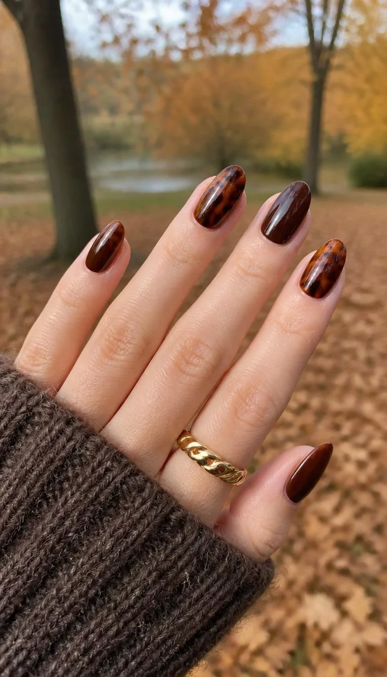 Chocolate Tortoiseshell Elegance A photorealistic close-up shot of a woman's fair skin tone hand with five fingers, showcasing almond medium-length nails featuring a dark chocolate hue with tortoiseshell print design and solid rich brown color, outdoor fall background