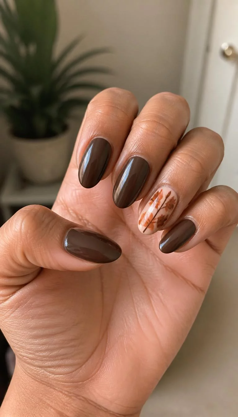 Midnight Chocolate Leaf Accents A photorealistic close-up shot of a woman's medium skin tone hand with five fingers, showcasing oval-shaped medium-length nails in a deep chocolate brown, with one accent nail featuring fall leaves, indoor background