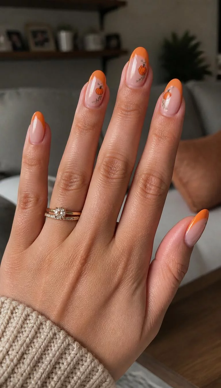 Festive Pumpkin Spice French A photorealistic close-up shot of a woman's medium skin tone hand with five fingers, showcasing almond-shaped medium-length nails with a sheer base, featuring pumpkin designs and orange French tips, indoor background