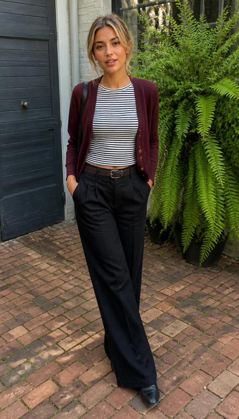 Burgundy Cardigan and Striped Shirt A photorealistic full body shot of a 29-year-old Mediterranean woman with a oval face, tan, narrow nose, straight eyebrows, and full lips. Her face features gap between front teeth, faint under-eye shadows, and subtle natural facial asymmetry. She has round amber eyes, rounded cheeks, neutral expression, confident. She is petite with blonde hair in a casual updo and is wearing a burgundy cardigan, striped shirt, and black pants, outdoors on a brick patio with a large fern, everyday social media post aesthetic, high-quality mobile photography, shot on an iPhone 14.