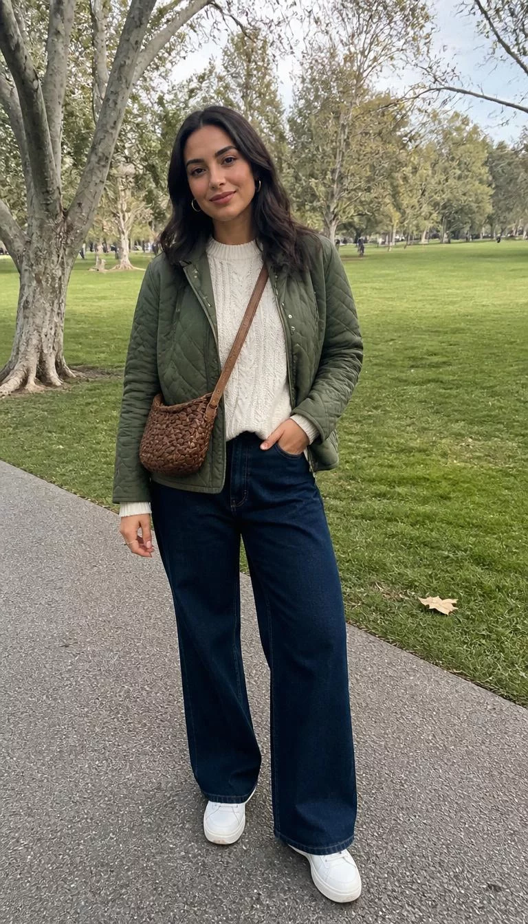 Green Quilted Jacket and Cable Knit Sweater A photorealistic full body shot of a 32-year-old Middle Eastern woman with a oval face, dark brown, narrow nose, straight eyebrows, and heart-shaped lips. Her face features widow's peak hairline, a few laugh lines, and subtle natural facial asymmetry. She has upturned brown eyes, high cheekbones, subtle smile, relaxed. She is athletic build with dark hair down hair and is wearing a cream cable knit sweater, dark wash wide-leg jeans, green quilted jacket, brown woven crossbody bag, gold hoops, and white sneakers, standing in a park, everyday social media post aesthetic, high-quality mobile photography, shot on an iPhone 14.