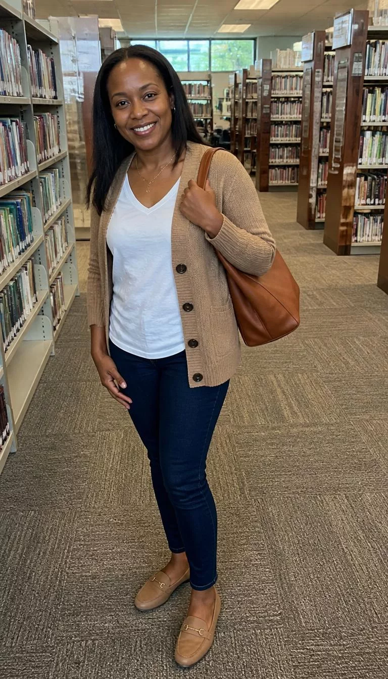 Tan Cardigan and White T-Shirt with Large Tote A photorealistic full body shot of a 48-year-old Afro-Caribbean woman with a oblong face, deep brown, broad nose, straight eyebrows, and heart-shaped lips. Her face features widow's peak hairline, subtle acne marks, and subtle natural facial asymmetry. She has upturned dark brown eyes, pronounced cheekbones, broad smile, relaxed. She is petite with dark hair down hair and is wearing a tan cardigan, white t-shirt, dark blue jeans, and tan loafers, with a large brown tote bag, standing in a library, everyday social media post aesthetic, high-quality mobile photography, shot on an iPhone 14.