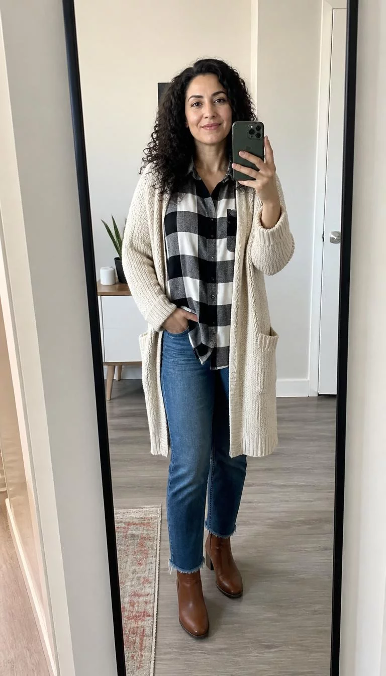 Cream Cardigan and Checked Shirt A photorealistic full body shot of a 43-year-old Middle Eastern woman with a round face, olive, narrow nose, straight eyebrows, and wide lips. Her face features uneven eyebrows, faint under-eye shadows, and subtle natural facial asymmetry. She has monolid green eyes, pronounced cheekbones, closed-mouth smile, cheerful. She is slim with curly dark hair down hair and is wearing a cream cardigan, black and white checked shirt, blue jeans, and brown ankle boots, taking a mirror selfie indoors, everyday social media post aesthetic, high-quality mobile photography, shot on an iPhone 14.