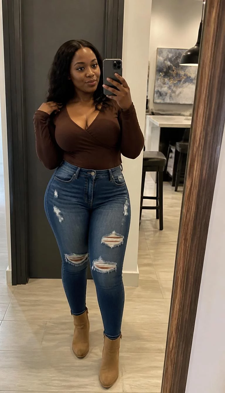 Brown V-Neck Top and Distressed Jeans A photorealistic full body shot of a 35-year-old Black African woman with a diamond face, light, button nose, softly curved eyebrows, and thin lips. Her face features small scar on the eyebrow, slightly flushed cheeks, and subtle natural facial asymmetry. She has downturned blue eyes, rounded cheeks, subtle smile, playful. She is curvy build with dark hair down hair and is wearing a brown V-neck top, blue distressed jeans, and tan ankle boots, taking a mirror selfie indoors, everyday social media post aesthetic, high-quality mobile photography, shot on an iPhone 14.