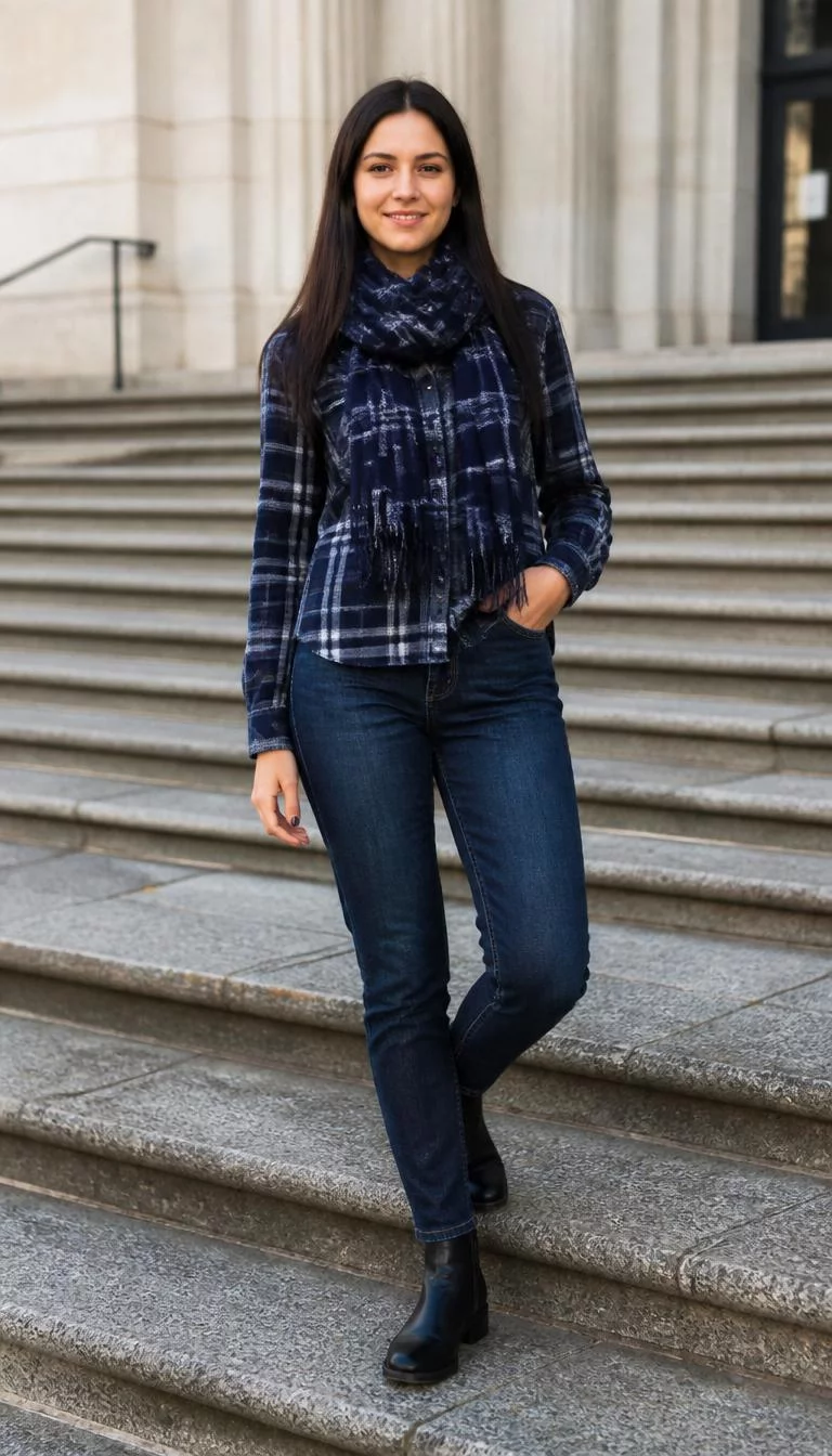 Plaid Shirt and Cozy Scarf on Stone Steps A photorealistic full body shot of a 25-year-old Eastern European woman with a oval face, deep brown, narrow nose, straight eyebrows, and wide lips. Her face features gap between front teeth, faint under-eye shadows, and subtle natural facial asymmetry. She has downturned gray eyes, pronounced cheekbones, closed-mouth smile, playful. She is average build with dark hair down hair and is wearing a blue plaid shirt, a dark blue scarf, dark blue jeans, and black ankle boots, standing on stone steps, everyday social media post aesthetic, high-quality mobile photography, shot on an iPhone 14.