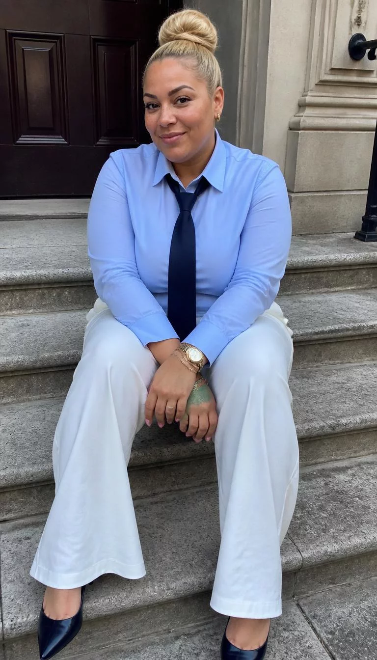 Light Blue Button Down and White Wide Leg Pants A photorealistic full body shot of a 39-year-old Afro-Caribbean woman with a round face, fair, narrow nose, softly curved eyebrows, and heart-shaped lips. Her face features faint freckles across the nose, faint under-eye shadows, and subtle natural facial asymmetry. She has almond-shaped green eyes, rounded cheeks, closed-mouth smile, playful. She is curvy build with blonde hair up in a bun hair and is wearing a light blue button-down shirt, dark tie, and white wide-leg pants, sitting on stone steps, everyday social media post aesthetic, high-quality mobile photography, shot on an iPhone 14.