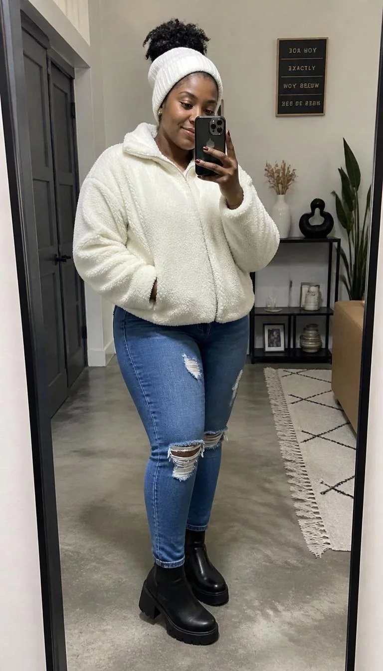 Oversized Fuzzy Jacket and Ripped Jeans A photorealistic full body shot of a 32-year-old Black African woman with a square face, olive, rounded nose, thick natural eyebrows, and full lips. Her face features small scar on the eyebrow, light freckles, and subtle natural facial asymmetry. She has downturned amber eyes, soft cheekbones, closed-mouth smile, relaxed. She is curvy build with dark hair up pinned hair and is wearing a white beanie, oversized fuzzy jacket, blue ripped jeans, and black platform boots, taking a mirror selfie indoors, everyday social media post aesthetic, high-quality mobile photography, shot on an iPhone 14.