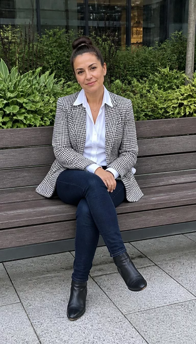 Patterned Blazer and Dark Jeans A photorealistic full body shot of a 48-year-old Eastern European woman with a pear-shaped face, golden brown, aquiline nose, straight eyebrows, and heart-shaped lips. Her face features small scar on the eyebrow, faint under-eye shadows, and subtle natural facial asymmetry. She has downturned amber eyes, rounded cheeks, closed-mouth smile, confident. She is petite with brown hair up in a bun hair and is wearing a white shirt, patterned blazer, dark blue jeans, and black ankle boots, sitting on a bench outdoors, everyday social media post aesthetic, high-quality mobile photography, shot on an iPhone 14.