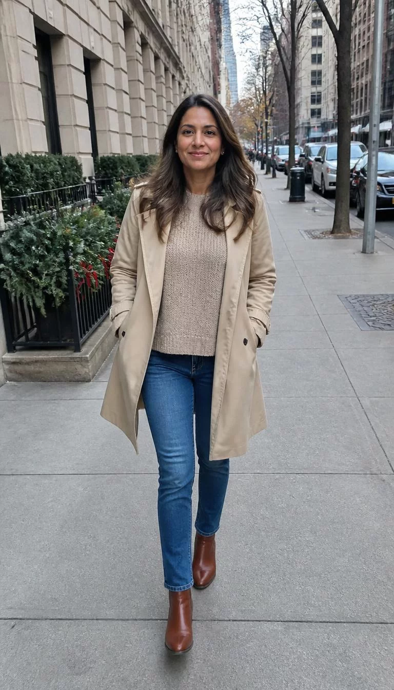 Beige Sweater and Classic Trench Coat A photorealistic full body shot of a 39-year-old South Asian woman with a square face, tan, upturned nose, feathered eyebrows, and thin lips. Her face features slightly crooked smile, slightly flushed cheeks, and subtle natural facial asymmetry. She has almond-shaped brown eyes, soft cheekbones, closed-mouth smile, cheerful. She is average build with brown hair down hair and is wearing a beige sweater, tan trench coat, blue jeans, and brown ankle boots, walking on a sidewalk in a city, everyday social media post aesthetic, high-quality mobile photography, shot on an iPhone 14.