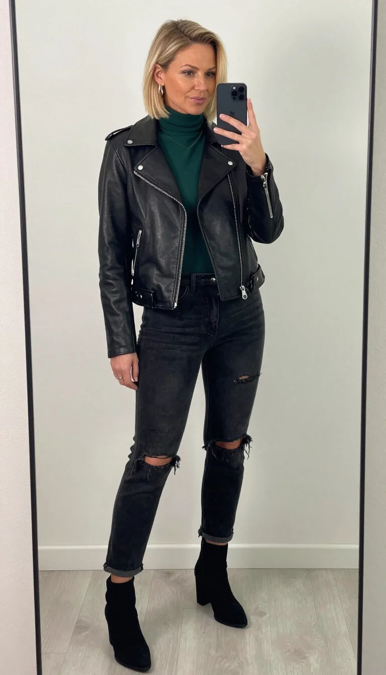 A photorealistic full body shot of a 39-year-old Northern European woman. She is average build with short blonde hair and is wearing a black leather moto jacket over a dark green turtleneck, ripped black jeans, and black heeled ankle boots, mirror selfie, everyday social media post aesthetic, high-quality mobile photography, shot on an iPhone 14.