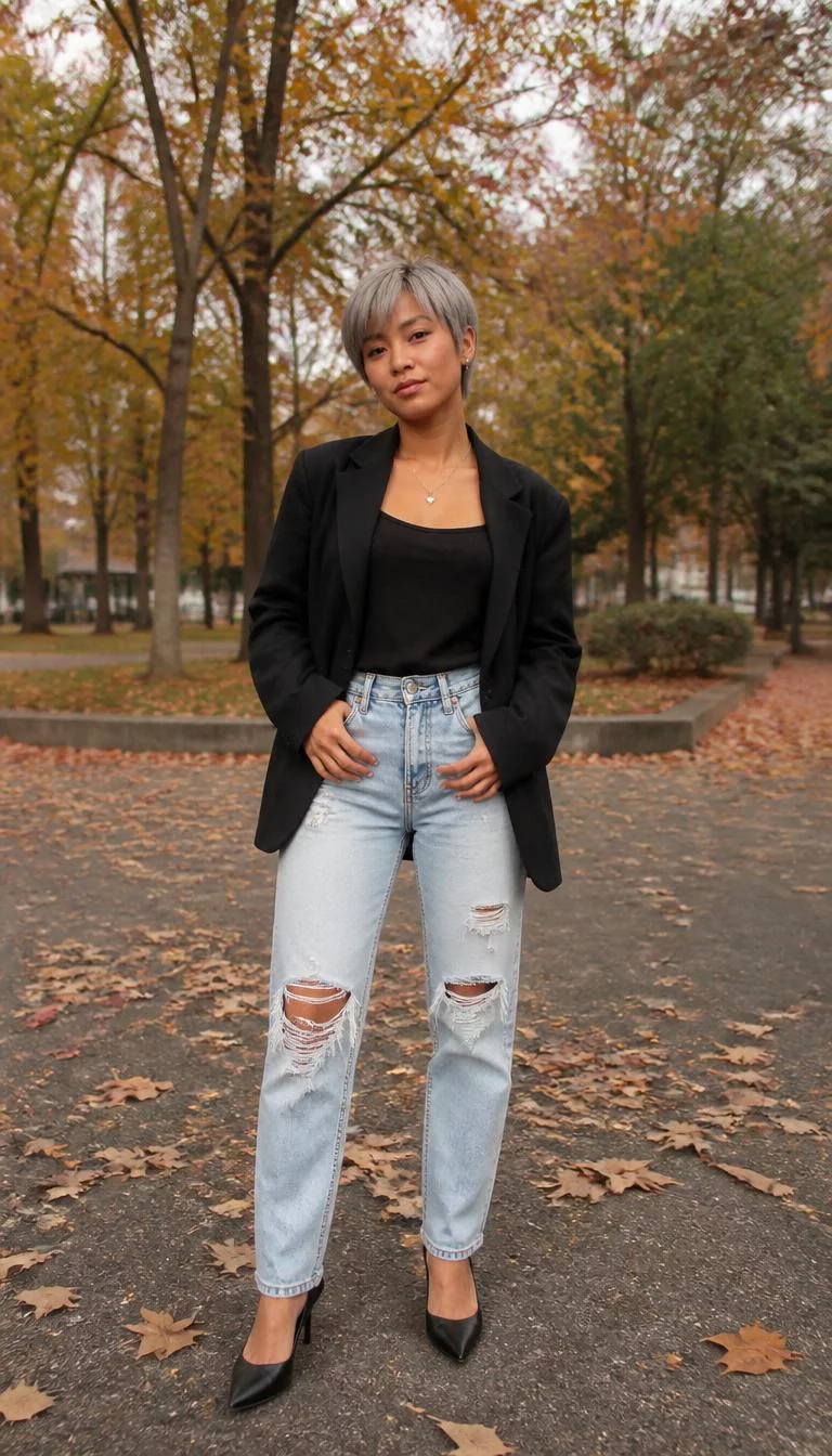 A photorealistic full body shot of a 25-year-old Southeast Asian woman with a heart-shaped face, tan, rounded nose, thin arched eyebrows, and thin lips. Her face features small scar on the eyebrow, subtle acne marks, and subtle natural facial asymmetry. She has round dark brown eyes, high cheekbones, neutral expression, playful. She is slim with short grey hair and is wearing a black blazer, ripped light-wash jeans, and black pointed-toe heels, background of autumn leaves, everyday social media post aesthetic, high-quality mobile photography, shot on an iPhone 14.
