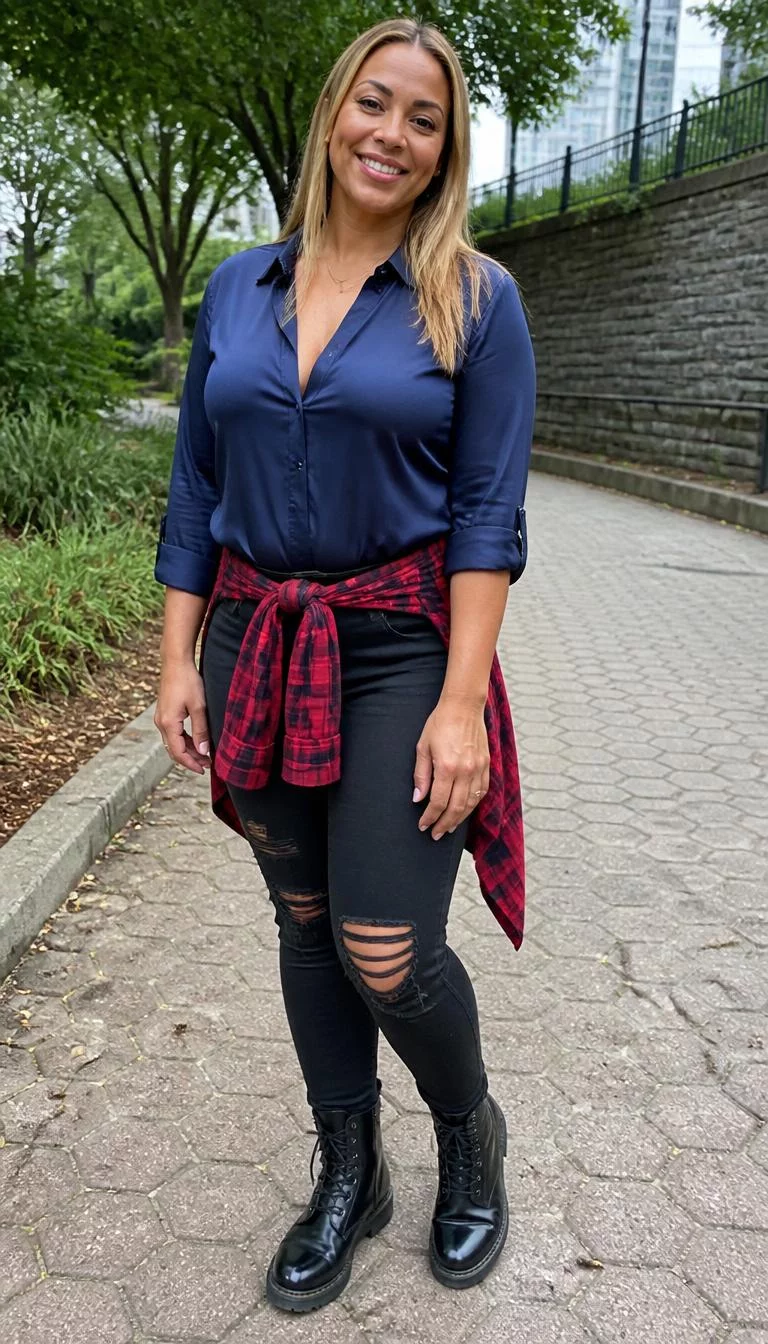 A photorealistic full body shot of a 38-year-old Mixed-race woman with a oval face, golden brown, rounded nose, softly curved eyebrows, and wide lips. Her face features dimples, a few laugh lines, and subtle natural facial asymmetry. She has hooded green eyes, rounded cheeks, closed-mouth smile, playful. She is curvy build with blonde straight hair and is wearing a dark blue satin top, ripped black jeans, black lace-up boots, and a red plaid shirt tied around her waist, city park setting, everyday social media post aesthetic, high-quality mobile photography, shot on an iPhone 14.