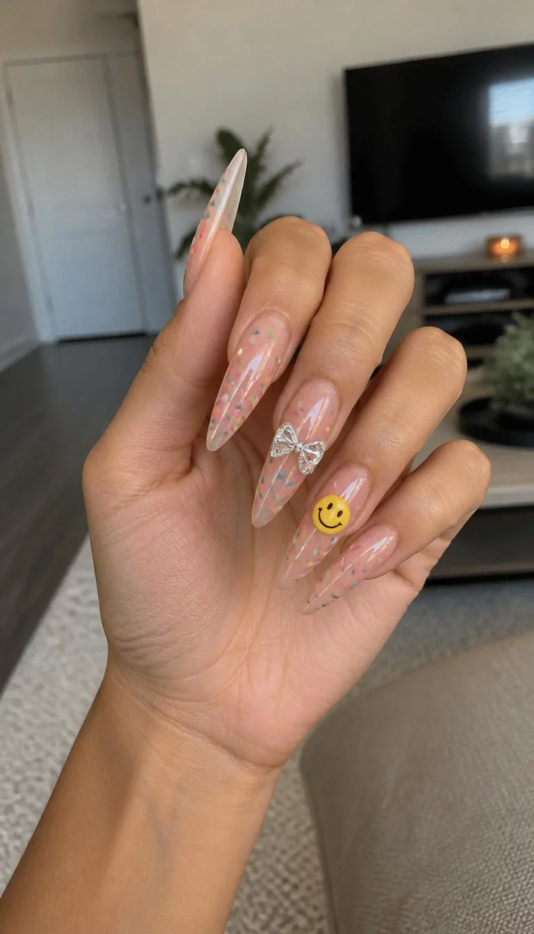 A photorealistic close-up shot of a woman's olive skin tone hand with five fingers, showcasing stiletto long nails featuring a sheer, peachy base with a sprinkle-like pattern, a crystal bow, and a smiley face charm, living room background