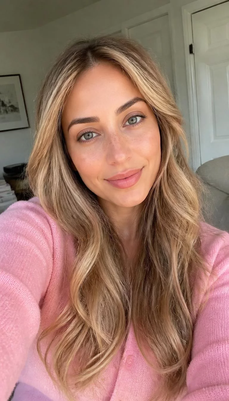 Warm Toasted Marshmallow Balayage selfie of a 31-year-old Middle Eastern woman with a oval face, fair, straight nose, thin arched eyebrows, and heart-shaped lips. Her face features faint freckles across the nose, faint under-eye shadows, and subtle natural facial asymmetry. She has round gray eyes, soft cheekbones, closed-mouth smile, relaxed. She is average and is wearing a Blush Pink Cardigan with toasted marshmallow blonde long wavy hair, bright natural daylight, indoor