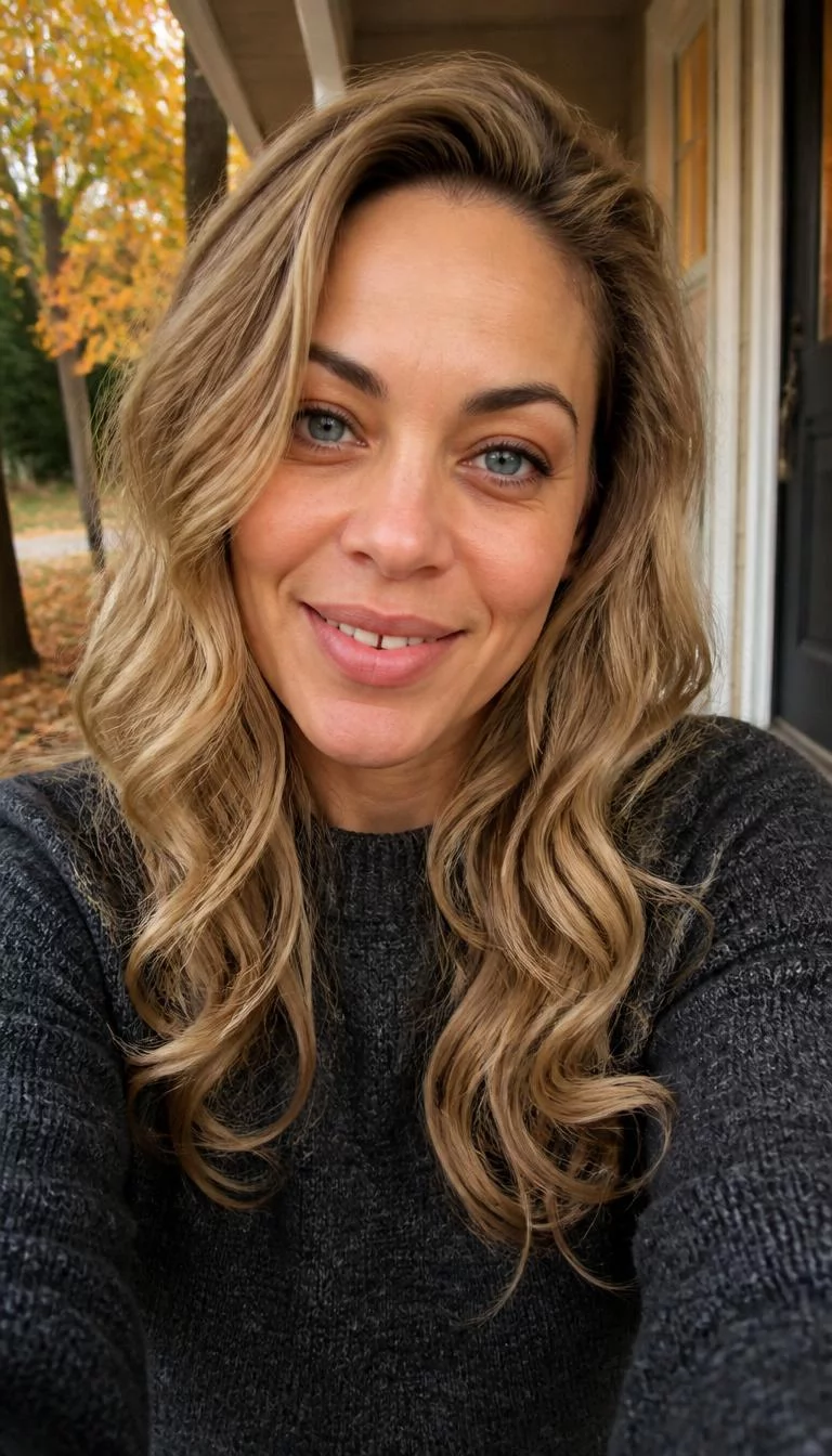 Antique Champagne Spiced Blonde selfie of a 41-year-old Mixed-race woman with a square face, fair, narrow nose, thick natural eyebrows, and wide lips. Her face features gap between front teeth, faint under-eye shadows, and subtle natural facial asymmetry. She has hooded blue eyes, rounded cheeks, closed-mouth smile, playful. She is slim and is wearing a Charcoal Sweater with antique champagne blonde long hair with soft waves, warm indoor lighting, fall outdoor background