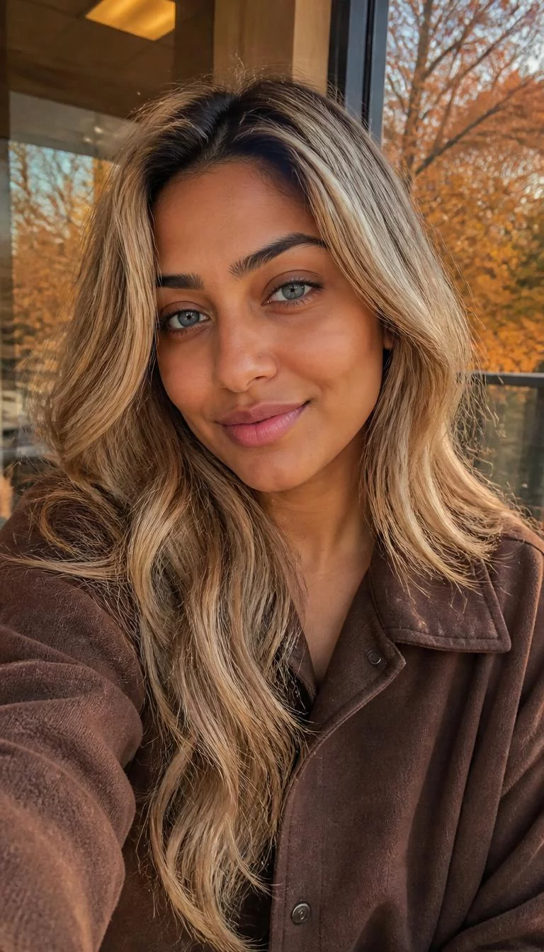 Apricot Cream Blonde selfie of a 29-year-old South Asian woman with a heart-shaped face, olive, button nose, feathered eyebrows, and wide lips. Her face features uneven eyebrows, faint under-eye shadows, and subtle natural facial asymmetry. She has monolid blue eyes, soft cheekbones, subtle smile, playful. She is average and is wearing a Chocolate Brown Shacket with apricot cream blonde long wavy hair, warm indoor lighting, fall outdoor background