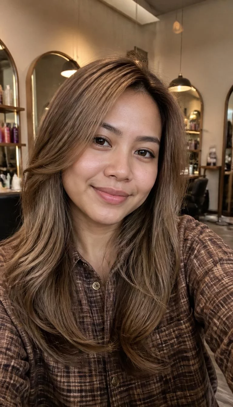 Dark Roasted Pecan Blonde selfie of a 34-year-old Southeast Asian woman with a pear-shaped face, fair, broad nose, straight eyebrows, and thin lips. Her face features slightly crooked smile, slightly flushed cheeks, and subtle natural facial asymmetry. She has downturned hazel eyes, rounded cheeks, broad smile, thoughtful. She is petite and is wearing a Chocolate Brown Flannel Shirt with dark pecan blonde long textured layers hair, warm indoor lighting, hair salon