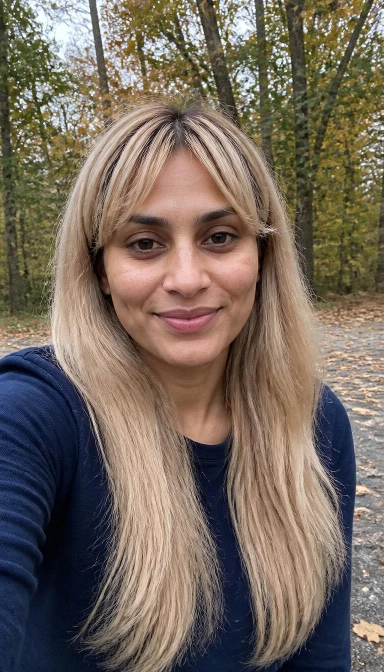 Pale Buttercream Silk selfie of a 35-year-old South Asian woman with a oval face, olive, rounded nose, softly curved eyebrows, and thin lips. Her face features dimples, light freckles, and subtle natural facial asymmetry. She has deep-set dark brown eyes, soft cheekbones, neutral expression, cheerful. She is average and is wearing a Navy Long Sleeve Tee with pale buttercream blonde long hair with curtain bangs, overcast daylight, fall outdoor background